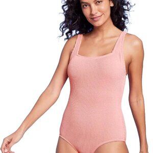 Kona Sol Pucker Textured Square Neck One Piece Swimsuit Coral Pink M, L